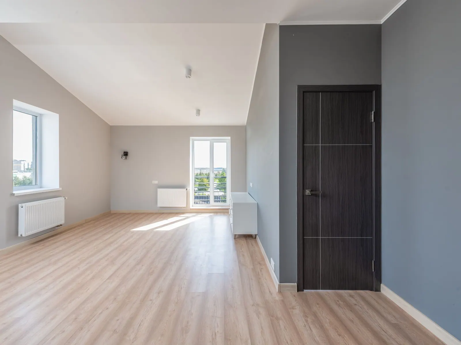 Pièce fraîchement repeinte aux murs gris clair et anthracite, avec parquet clair et grandes fenêtres.