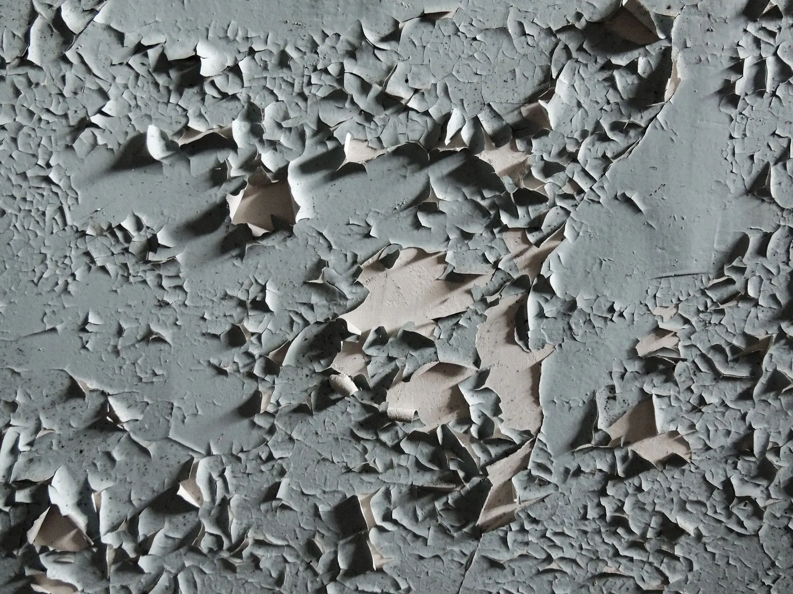 Mur gris dont la peinture s’écaille et se décolle par plaques.
